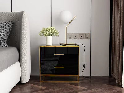 Modern Black Gold Nightstand With Drawers Table Lamp And Flower Vase Near Bed 3d model