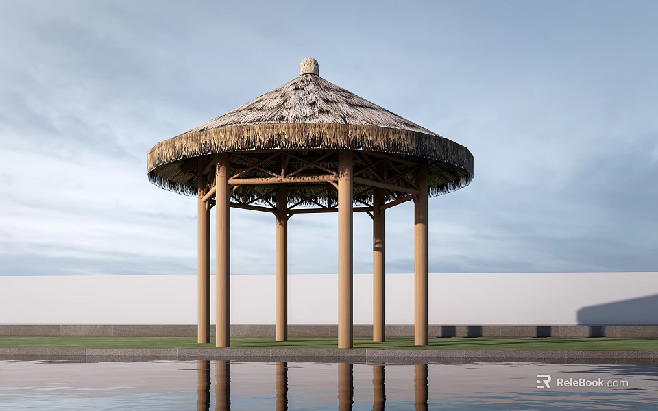 Scenic Outdoor Gazebo With Thatched Roof and Pool Against White Wall Under Blue Sky 3d model 