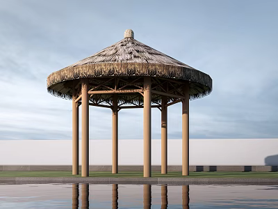 Scenic Outdoor Gazebo With Thatched Roof and Pool Against White Wall Under Blue Sky 3d model