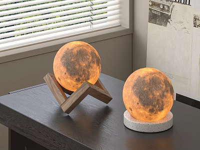 Moon Shaped Table Lamps With Warm Light Wooden Stand And White Base 3d model