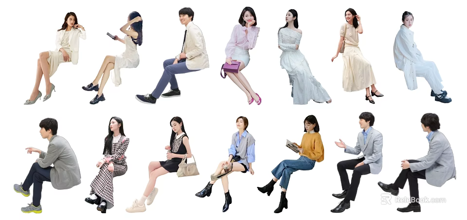 Group of People in Various Poses Wearing Different Outfits and Accessories 3d model 