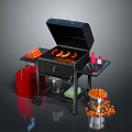 Grilled Sausages and Carrot Sticks on Outdoor BBQ Grill with Condiment Bottles and Snack Bucket
