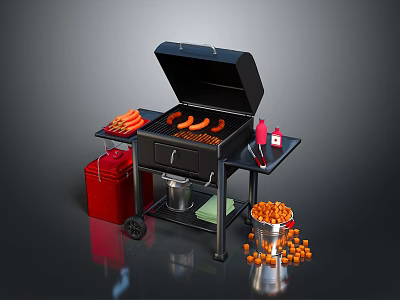 Grilled Sausages and Carrot Sticks on Outdoor BBQ Grill with Condiment Bottles and Snack Bucket 3d model