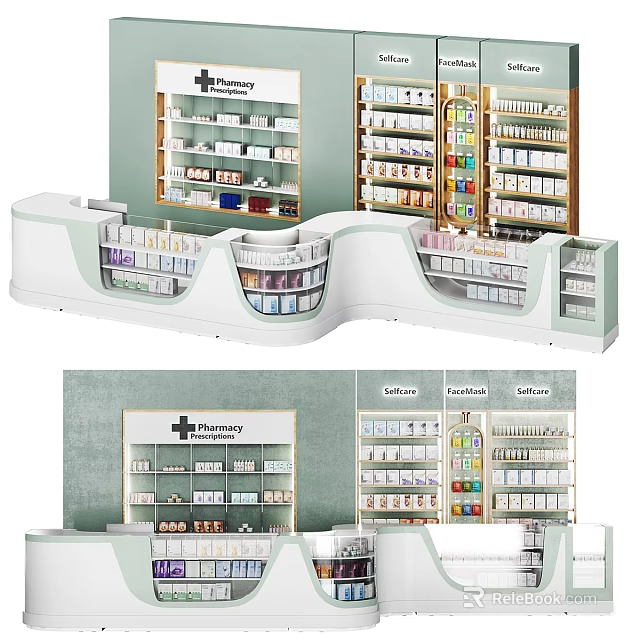 Modern Organized Pharmacy Interior With Shelves Stocked Medications Service Counter And Clear Displays 3d model 