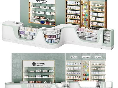 Modern Organized Pharmacy Interior With Shelves Stocked Medications Service Counter And Clear Displays 3d model