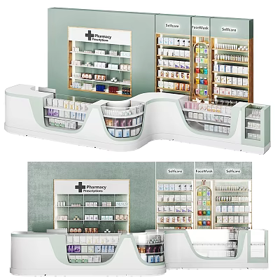 Modern Organized Pharmacy Interior With Shelves Stocked Medications Service Counter And Clear Displays 3d model