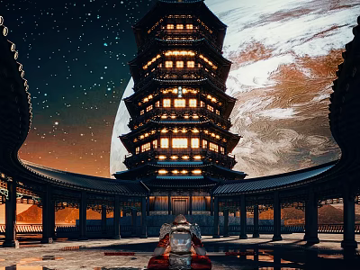 Ancient Chinese Pagoda with Illuminated Tiers Starry Sky Circular Corridor Red Robed Figure Ground Reflections 3d model