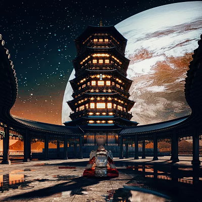Ancient Chinese Pagoda with Illuminated Tiers Starry Sky Circular Corridor Red Robed Figure Ground Reflections 3d model
