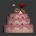 Three Tiered Pink Frosting Cake With Donut Red Decoration And Strawberry Shaped Toppings
