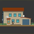 3D Model House With Red Roof Blue Garage Lawn Street Lamp Trash Bins And Figure