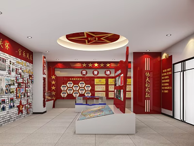 Red Themed Exhibition Hall Interior With Five Pointed Stars And Historical Display Elements 3d model