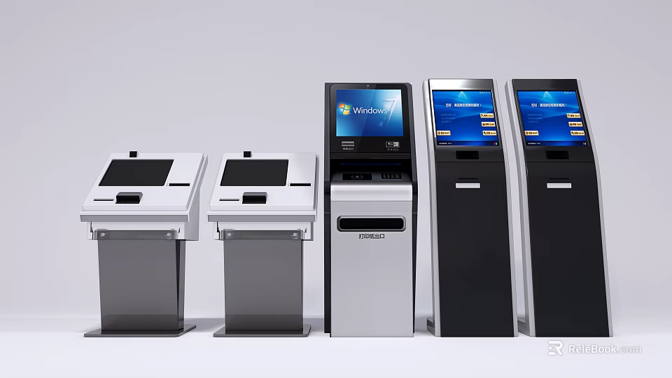 Public Facility Multiple Self Service Kiosks Featuring Interactive Touch Screens And Modern Design 3d model 