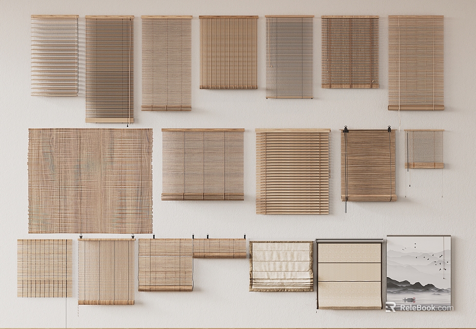 Various Stylish Window Blinds Featuring Bamboo And Woven Patterns For Home Decoration 3d model 