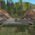 Two Wooden Cabins with A Frame Roofs on Hillside Surrounded by Trees 3d model