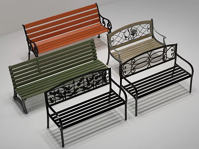 Outdoor Benches With Decorative Metal Frames And Slatted Seats In Various Colors 3d model