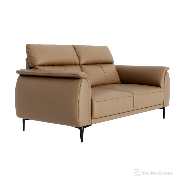 Modern Tan Leather Three Seater Sofa With Comfortable Armrests And Metal Legs 3d model 