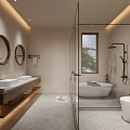 Modern Hotel Guest Room With Twin Beds White Curtains Wall Painting And Wooden Flooring