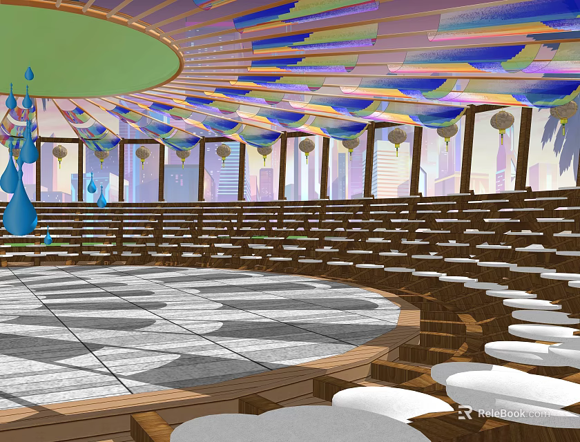 Pergola With Colorful Ceiling Wooden Structure Circular Design And City View 3d model 