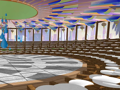 Pergola With Colorful Ceiling Wooden Structure Circular Design And City View 3d model