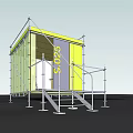 Yellow Container Structure With Green Roof SOS Sign Scaffolding And Staircase