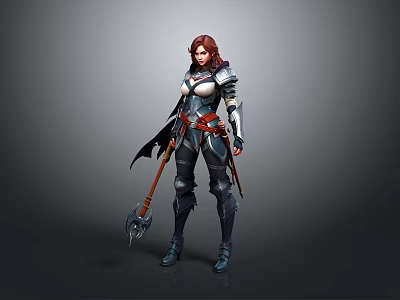 Fantasy Woman Warrior Wearing Detailed Armor With Axe And Cloak In Standing Pose 3d model