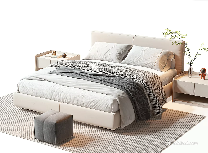 Elegant Double Bed with Beige Headboard Grey Blanket Pillows Nightstand and Green Plant 3d model 