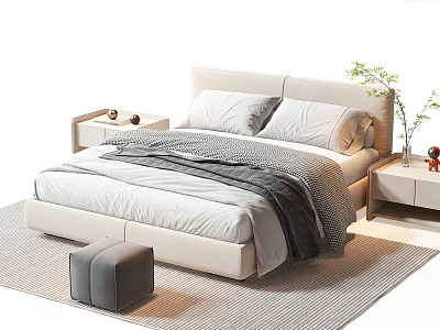 Elegant Double Bed with Beige Headboard Grey Blanket Pillows Nightstand and Green Plant 3d model