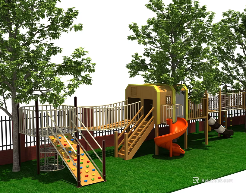 Outdoor Playground Equipment With Slide Climbing Frame Trees Grass And Safety Fence 3d model 