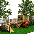 Outdoor Playground Equipment With Slide Climbing Frame Trees Grass And Safety Fence