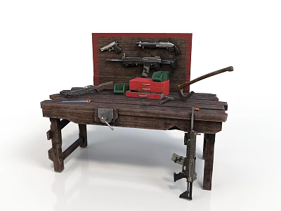 Wooden Workbench Featuring Assorted Weapons Tools Gun And Toolbox Equipment 3d model
