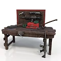 Wooden Workbench Featuring Assorted Weapons Tools Gun And Toolbox Equipment