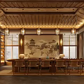 Traditional Chinese Boutique Interior With Wooden Decor Circular Mirror And Potted Plants