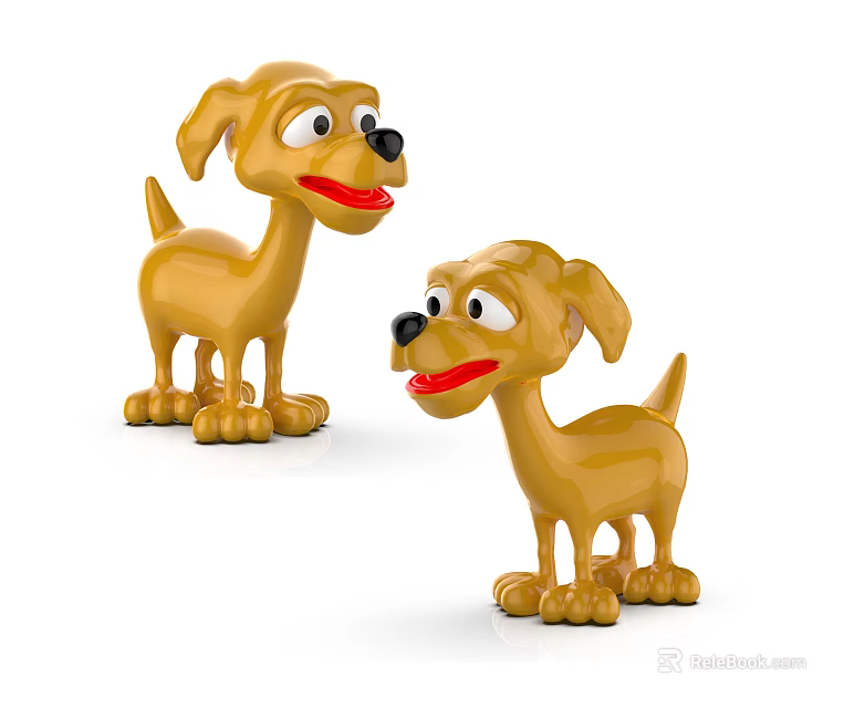 Two Yellow Toy Dogs With Cartoon Faces Big Eyes And Red Tongues 3d model 