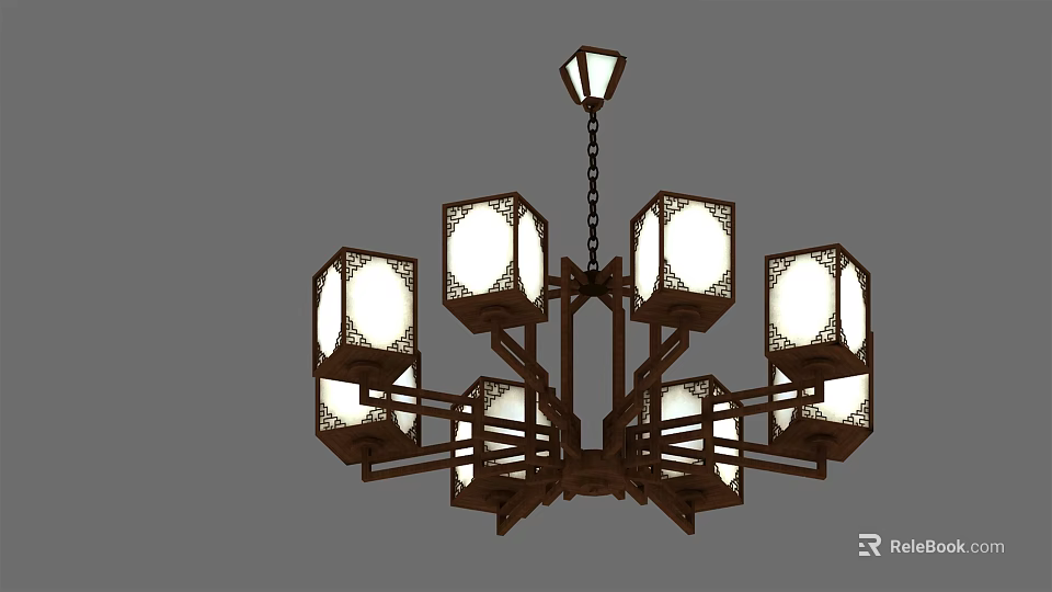 Oriental Style Chandelier With Square Lampshades And Dark Wooden Frame 3d model 