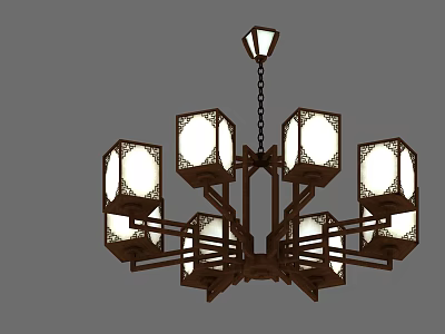 Oriental Style Chandelier With Square Lampshades And Dark Wooden Frame 3d model