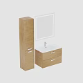 Wooden Bathroom Vanity With White Countertop Large Mirror And Tall Cabinet