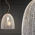 Modern Interior Design Featuring Wire Mesh Chandeliers With Glowing Bulbs On Dark Wall 3d model