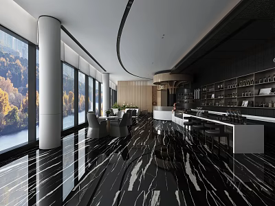 Modern Hotel Public Lounge With Large Windows Mountain Autumn Views Black Marble Flooring Bar Counter 3d model