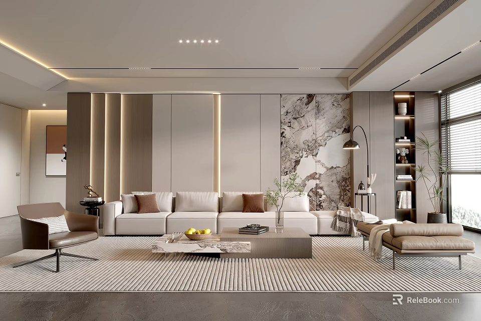 Modern Minimalist Living Room Interior With Beige Sofa Coffee Table And Accent Wall 3d model 