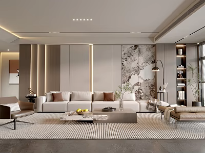 Modern Minimalist Living Room Interior With Beige Sofa Coffee Table And Accent Wall 3d model