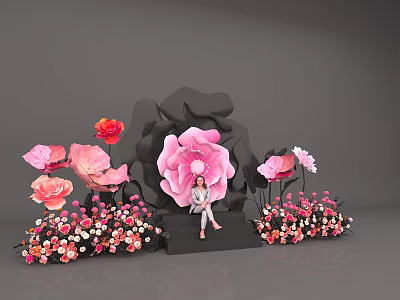 Stunning Photo Check-in Spot With Large Pink Flower Red Pink Blooms And Black Background Decoration 3d model