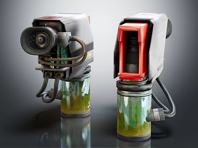 Two Mechanical Devices With Transparent Containers Holding Green Liquid And Gray Red Parts 3d model
