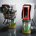 Two Mechanical Devices With Transparent Containers Holding Green Liquid And Gray Red Parts