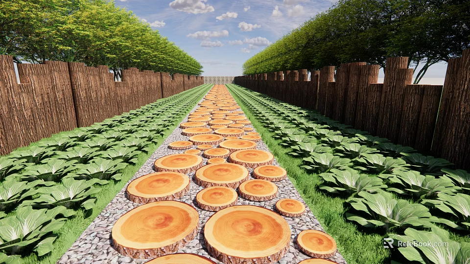 Wooden Stepping Stones Path Through Vegetable Garden With Green Trees And Fence 3d model 