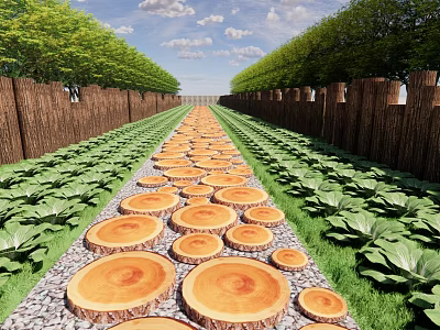 Wooden Stepping Stones Path Through Vegetable Garden With Green Trees And Fence 3d model
