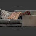 Light Gray Sofa With Light Colored Pink Ruffled And Red Pillows And Button Tufted Backrest 3d model