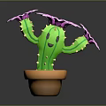 Green Cactus Plant With Smiling Face Yellow Thorns Pink Flowers And Brown Pot