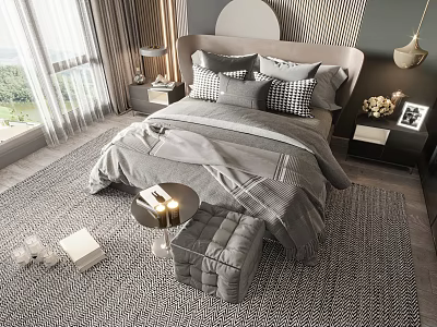 Elegant Modern Bedroom Interior With Double Bed Gray Bedding Pillows Nightstand Lamp Curtains And Rug 3d model
