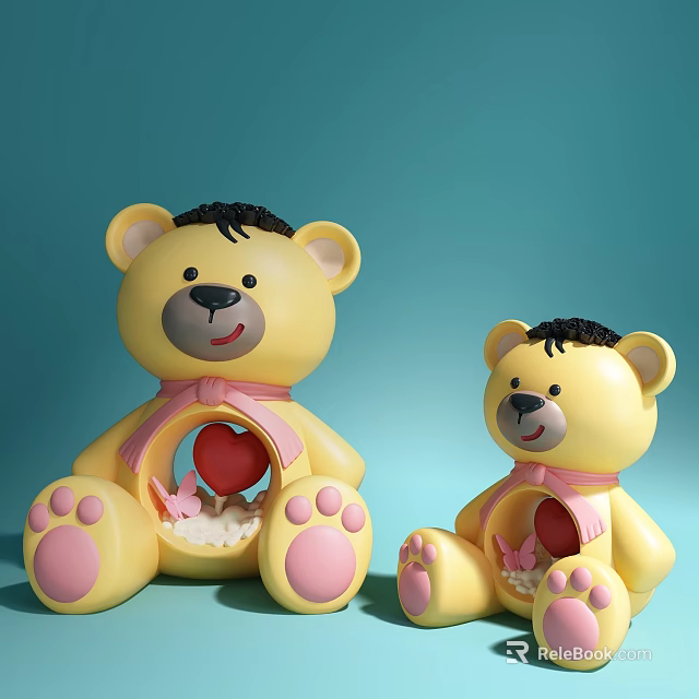 Yellow Teddy Bear Dolls With Black Hair Pink Bow Ties Red Heart Light Blue Background 3d model 