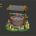 Traditional Scenic Stone Well with Blue Tile Roof Wooden Pulley Green Grass and Small Mushrooms